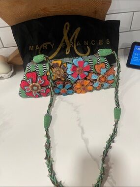 Mary Frances Multicolor Floral Beaded Crossbody Bag with Green Strap